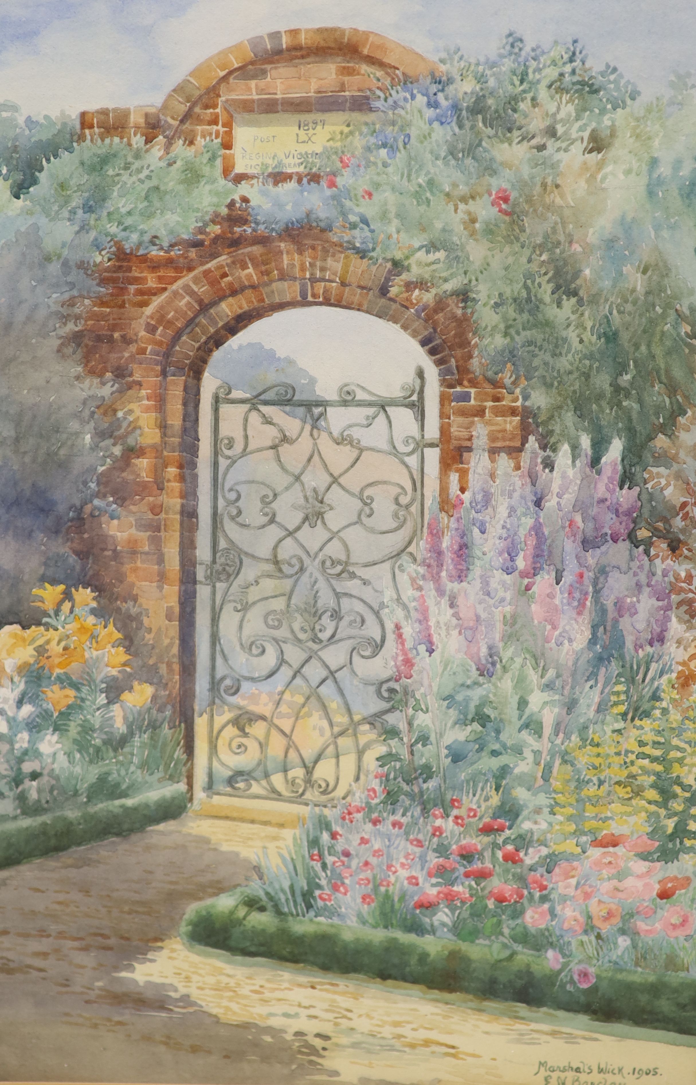 Three assorted watercolours: River landscape by Sydney Yates Johnson, 26 x 36cm, a study of a garden gateway at Marshalls Wick by E.N. Barclay 1905, 37 x 24cm and a View of Keymer Church by S.E. Field in 1864, 32 x 40cm